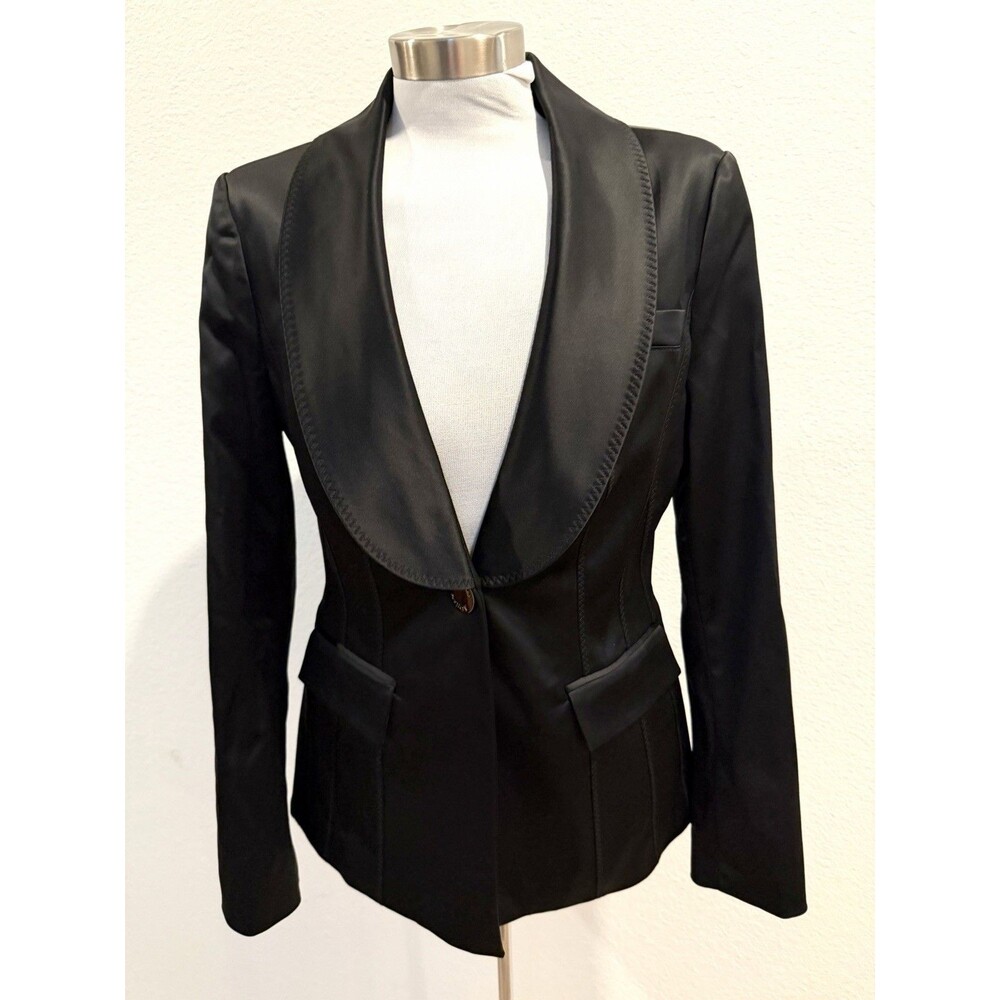 Marciano Women Black Noir Tuxedo Blazer NWT Size 10 Shawl Lapel Flare Back $278 - Picture 2 of 16